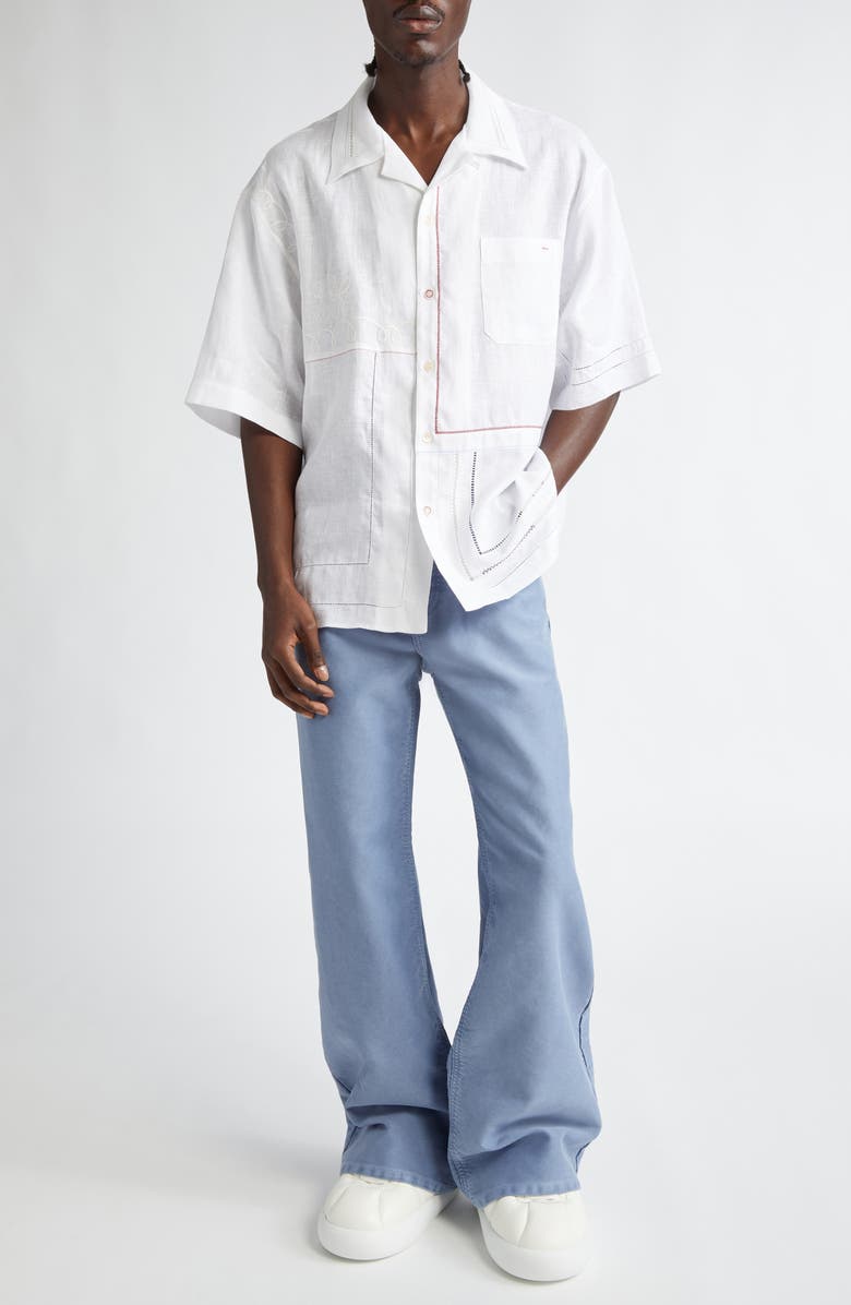 Marni Embroidered Linen Bowling Shirt, Alternate, color, Lily/ White