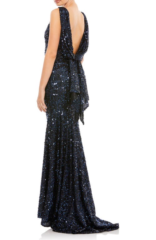Mac Duggal Cowl Back Boat Neck Sequined Evening Gown In Midnight In Midnight