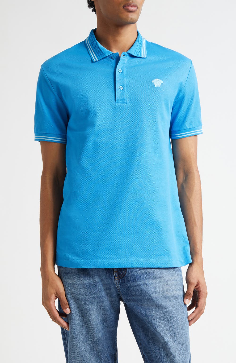 Tipped Embroidered Medusa Cotton Piqué Polo, color, BRIGHT DV BLUE