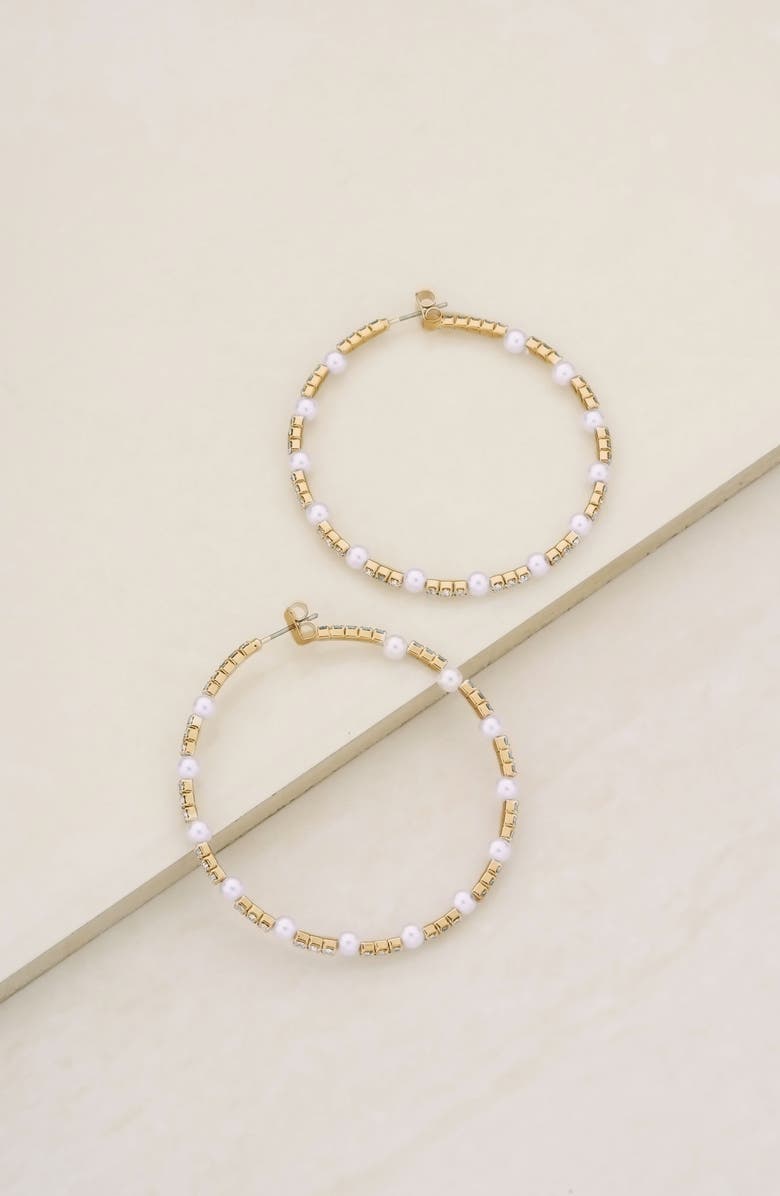 Ettika Crystal & Imitation Pearl Hoop Earrings, Alternate, color, 