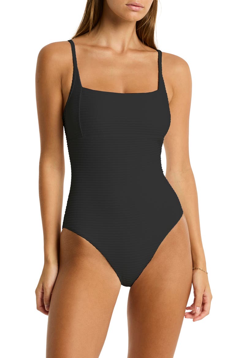 Spinnaker Textured Rib One-Piece Swimsuit, Main, color, BLACK