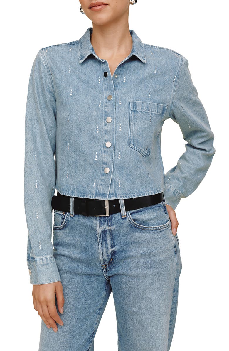 Bella Dahl Crystal Accent Denim Snap-Up Shirt, Main, color, Vintage Ice Wash