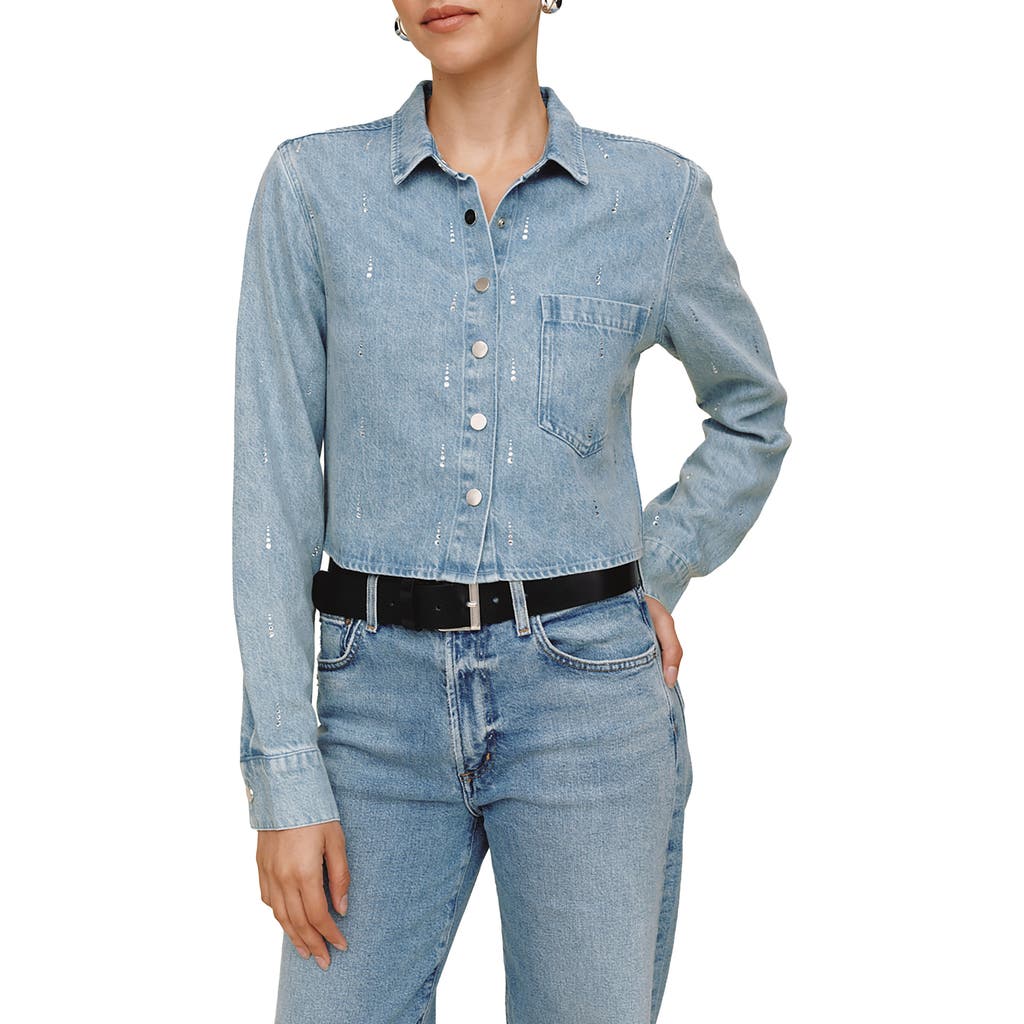 Bella Dahl Crystal Accent Denim Snap-up Shirt In Blue