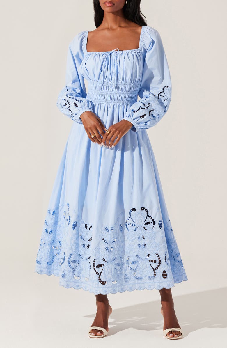 ASTR the Label Wisnia Long Sleeve Eyelet Embroidered Dress, Main, color, Blue