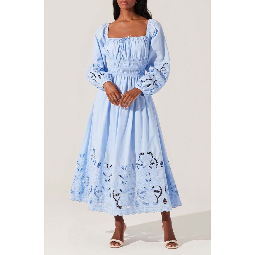 Astr The Label Wisnia Long Sleeve Eyelet Embroidered Dress In Blue