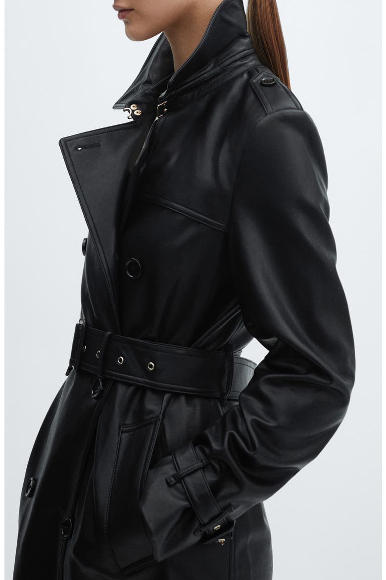 Double Breasted Water Repellent Faux Leather Trench Coat, Alternate, color, BLACK