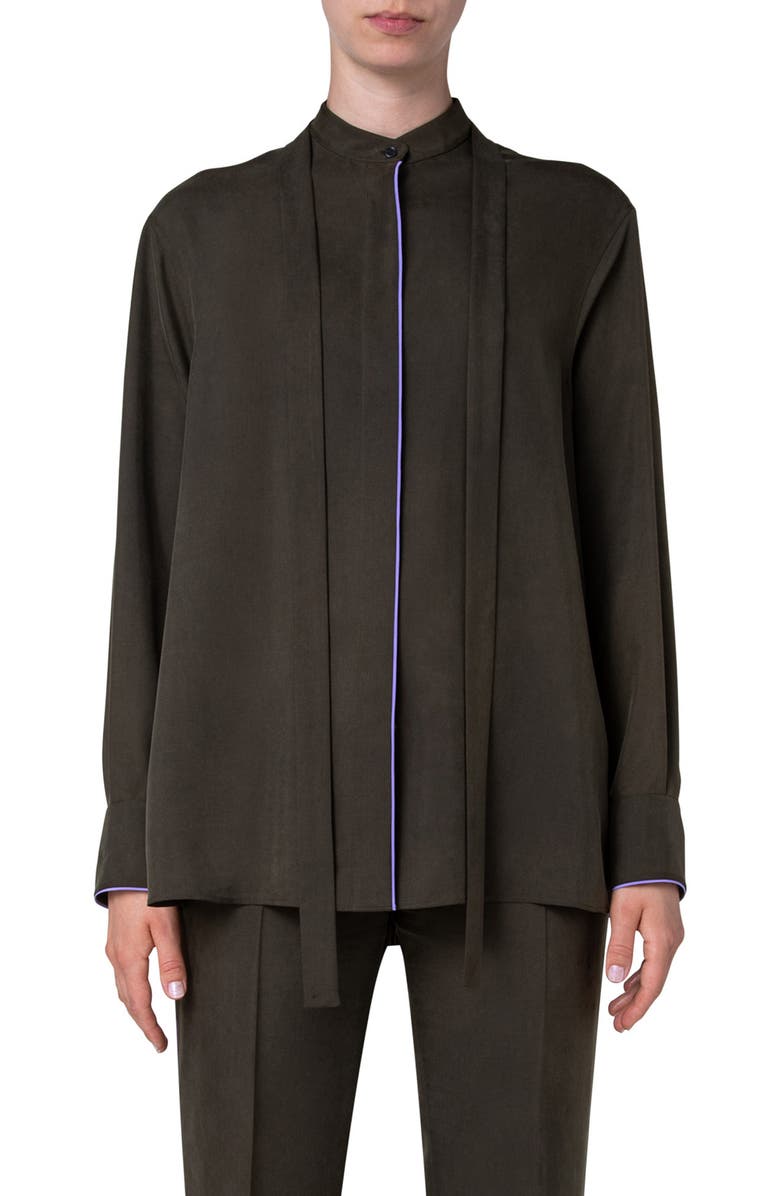Akris Contrast Piping Silk Crepe Button-Up Shirt, Main, color,
