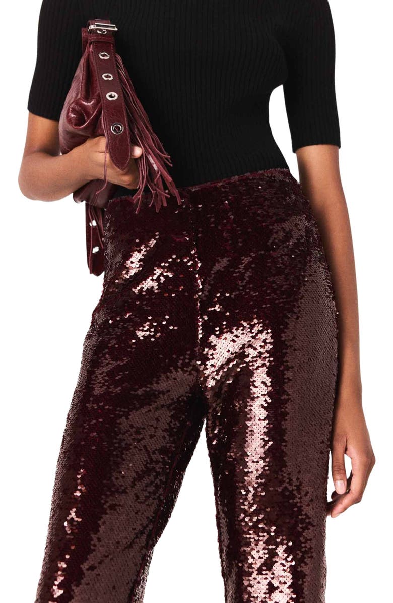 maje Sequin-embroidered trousers, Alternate, color, Burgundy