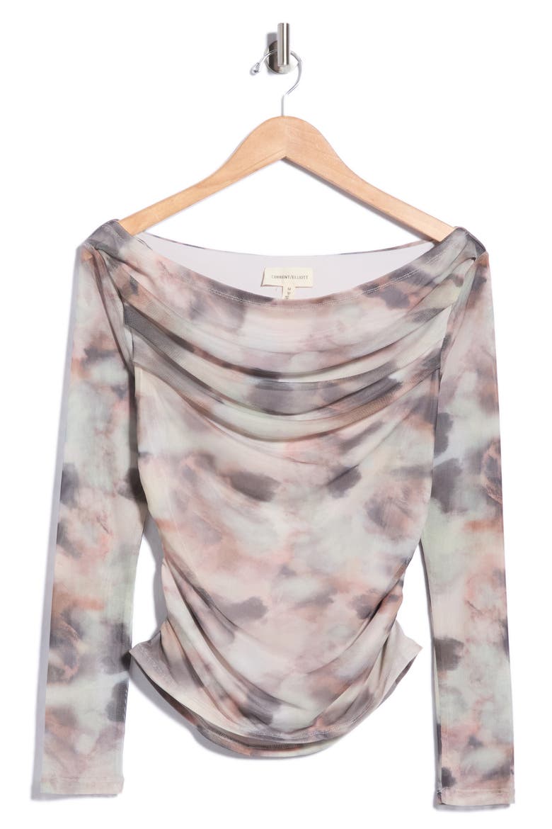 Off the Shoulder Ruched Mesh Top, Main, color, NEUTRAL TIE-DYE