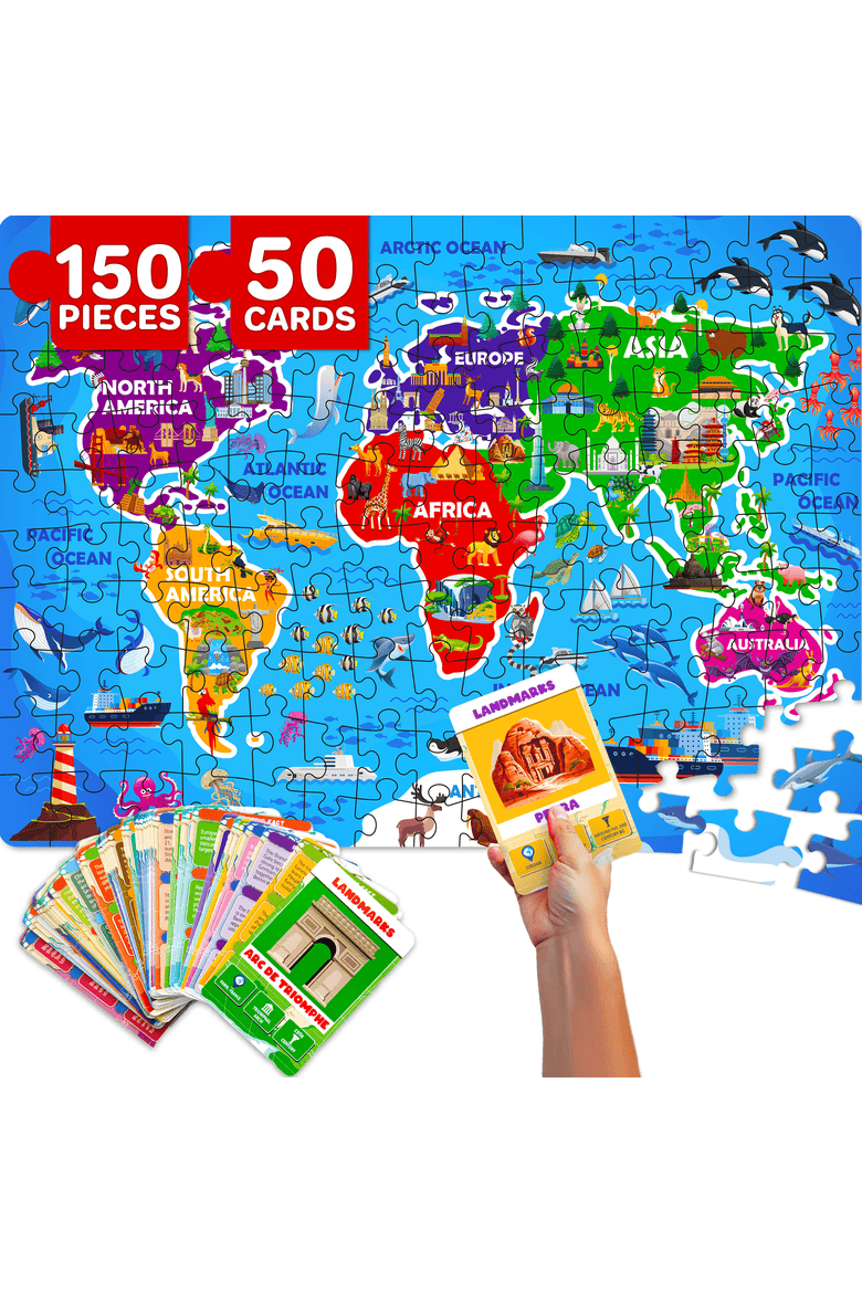 Kids Jigsaw Puzzles - 70 & 150 Piece Search & Find Riddle Puzzles with Flashcards, Main, color, 150Pcs World Map