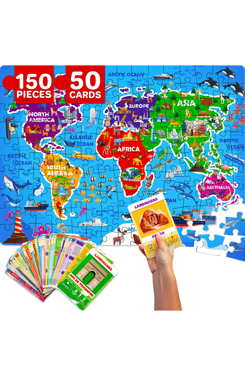 Quokka Search & Find Riddle Puzzles for Kids - 70 & 150 Piece Jigsaw Puzzles with Flashcards, Main, color, 150Pcs World Map
