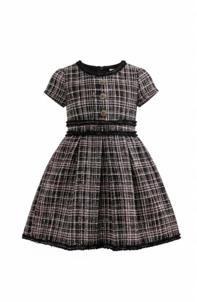Mia Belle Girls Class Act Tweed Puff Sleeve Dress, Main, color, Black