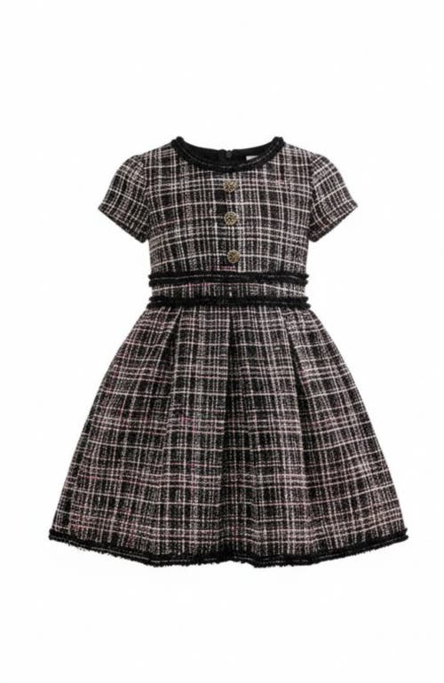 Mia Belle Girls Kids' Class Act Tweed Puff Sleeve Dress In Brown