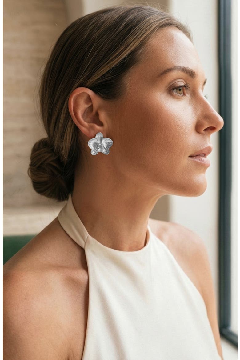 Orchid Flower Statement Stud Earrings, Alternate, color, SILVER