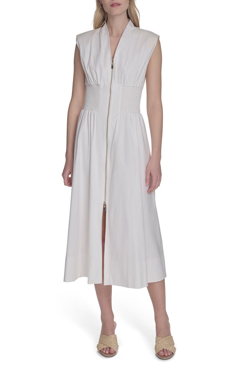 Vince Camuto Smock Waist Cotton Midi Dress, Main, color, Ivory