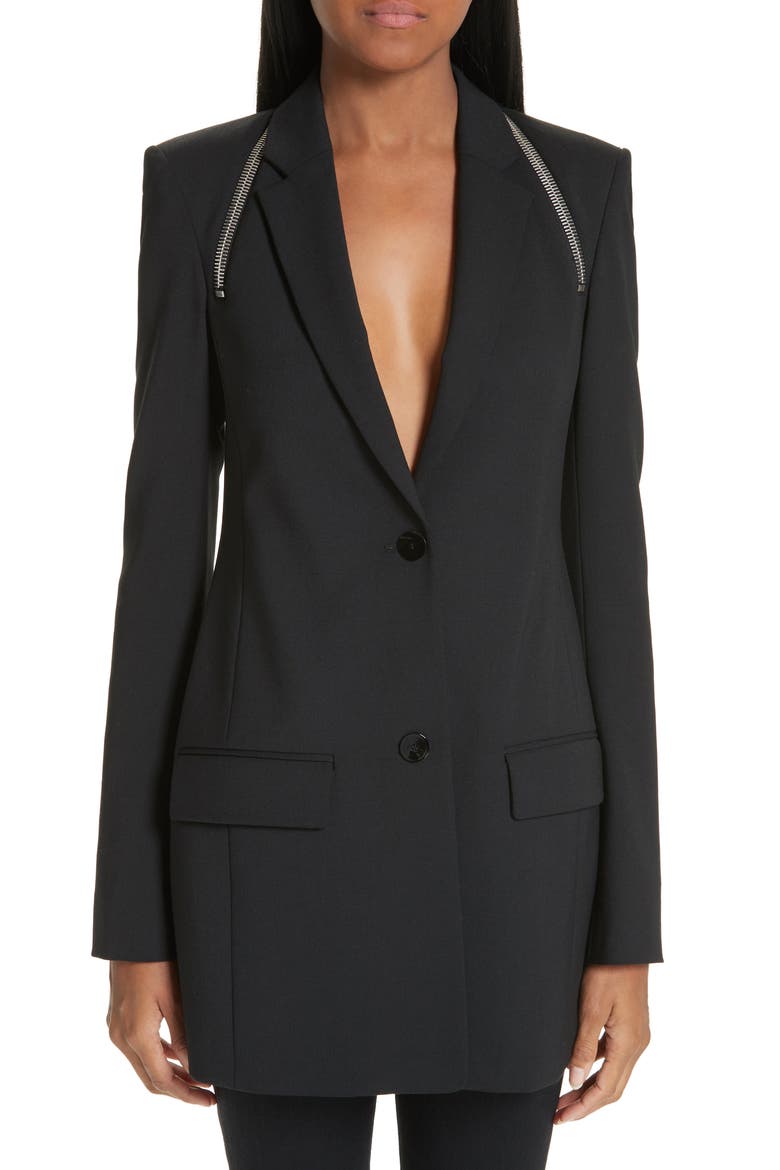Zip Shoulder Stretch Wool Blend Blazer, Alternate, color, BLACK
