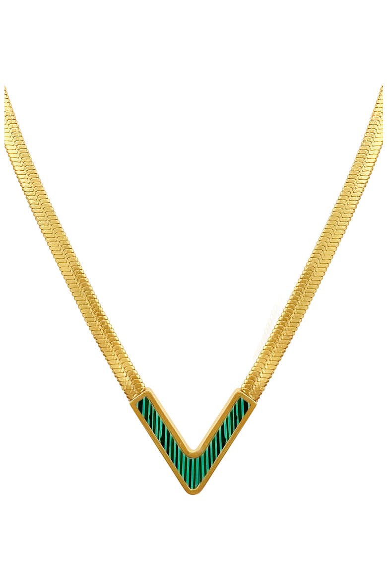 Water Resistant 14K Gold Plated Herringbone Necklace, Main, color, GREEN
