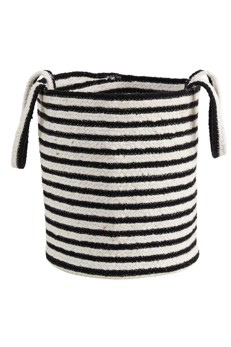 13-in Boho Chic Basket Planter Natural Cotton, Handwoven Black and White Stripe with Handles, Main, color, Black/White