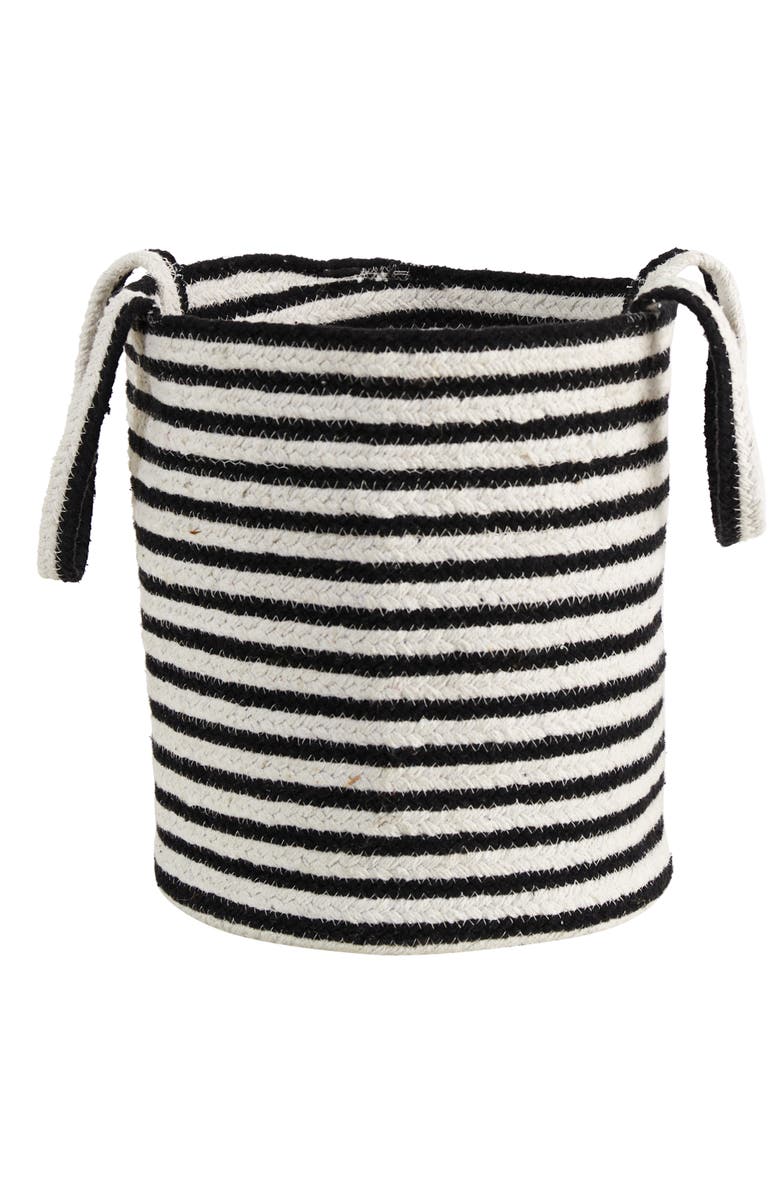 NEARLY NATURAL 13-in Boho Chic Basket Planter Natural Cotton, Handwoven Black and White Stripe with Handles, Main, color, Black/White