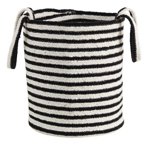 13-in Boho Chic Basket Planter Natural Cotton, Handwoven Black and White Stripe with Handles
