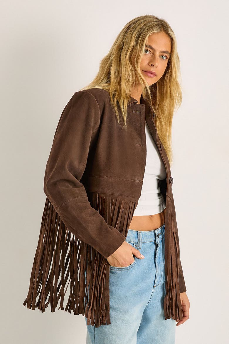 Real Suede Fringe Jacket, Alternate, color, Chocolate