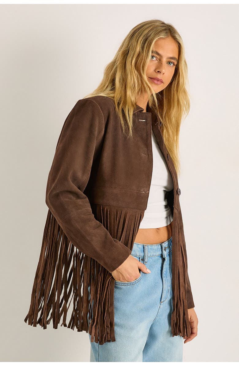 NASTY GAL Real Suede Fringe Jacket, Main, color, Chocolate