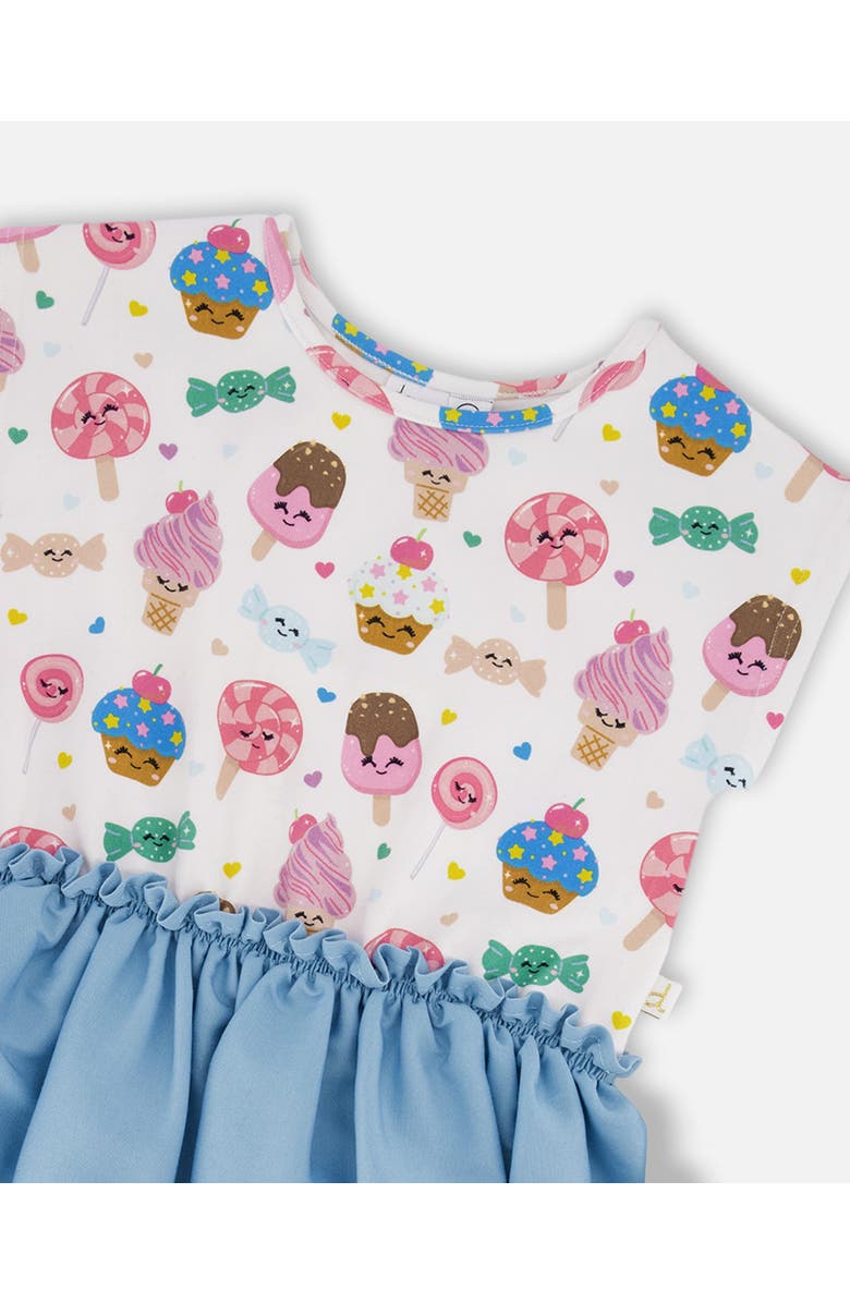 Deux par Deux Bi-Material Soft Jersey Short Sleeve Candy Dress, Alternate, color, White Printed With Candies