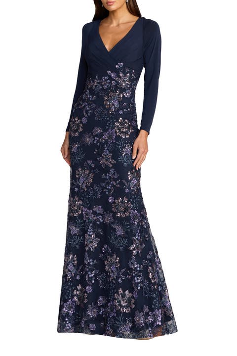 Floral Embroidered Jersey Long Sleeve Gown