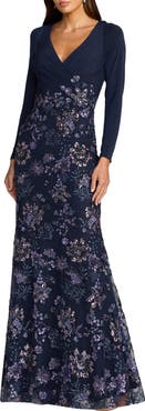 Mac Duggal Floral Embroidered Jersey Long Sleeve Gown