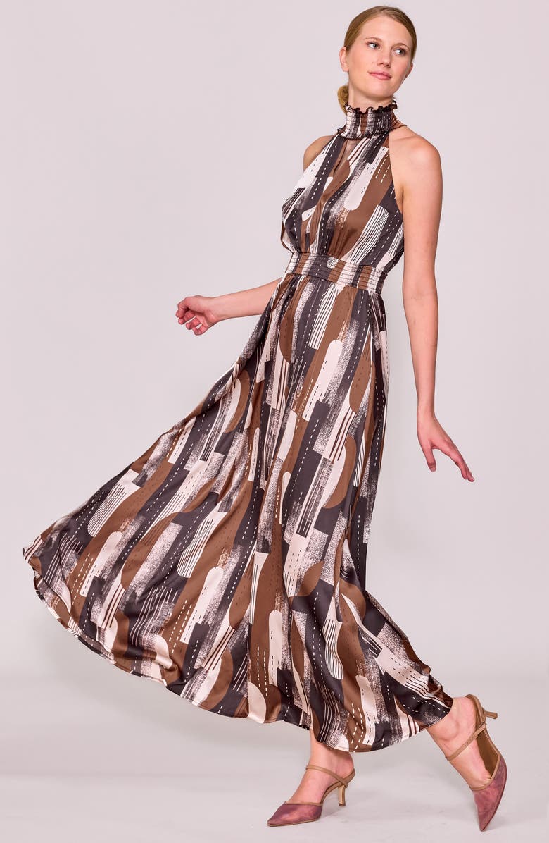 MELLODAY Abstract Maxi Halter Dress, Alternate, color, Brown Multi