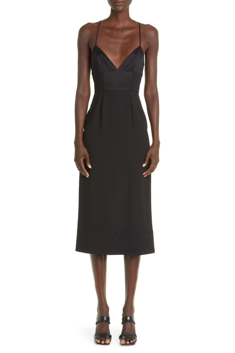 Strappy V-Neck Satin Crepe Dress, Main, color, BLACK