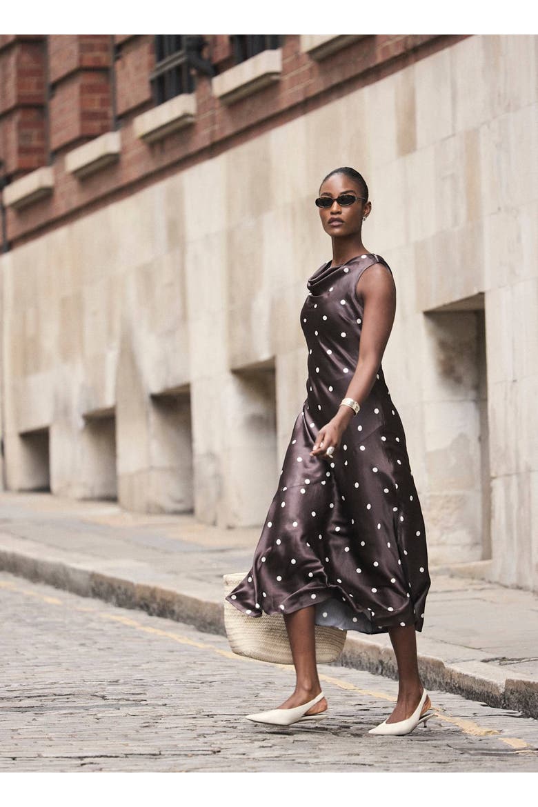Satin Polkadot Midi Dress, Alternate, color, Brown