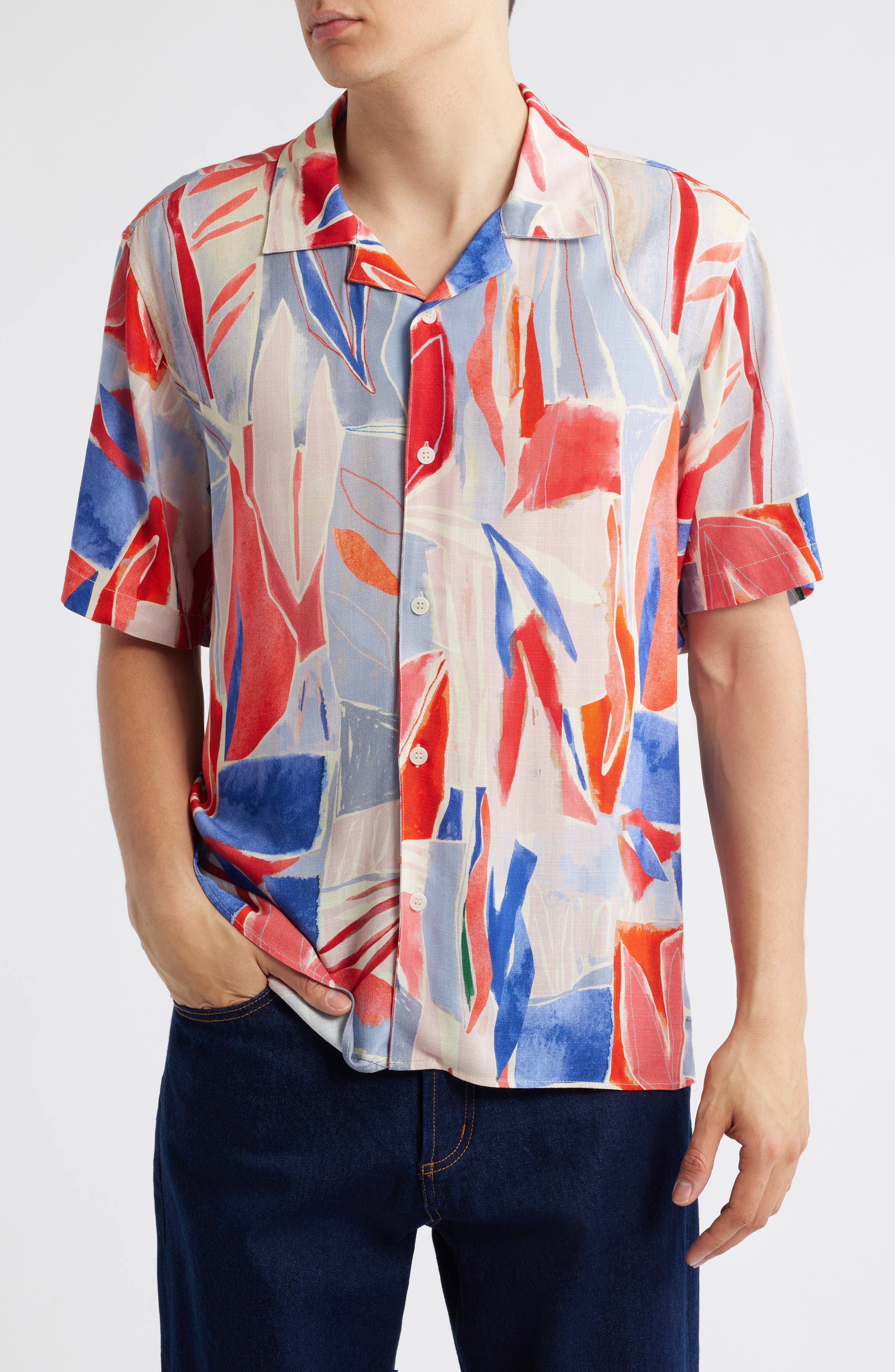 Wax London Didcot Leaf Print Camp Shirt
