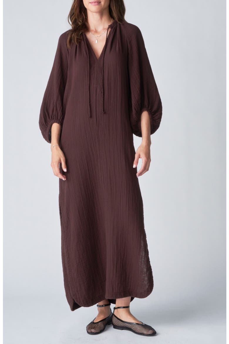 Avery Long Tie Neck Dress Gauze Caftan, Main, color, Chocolate