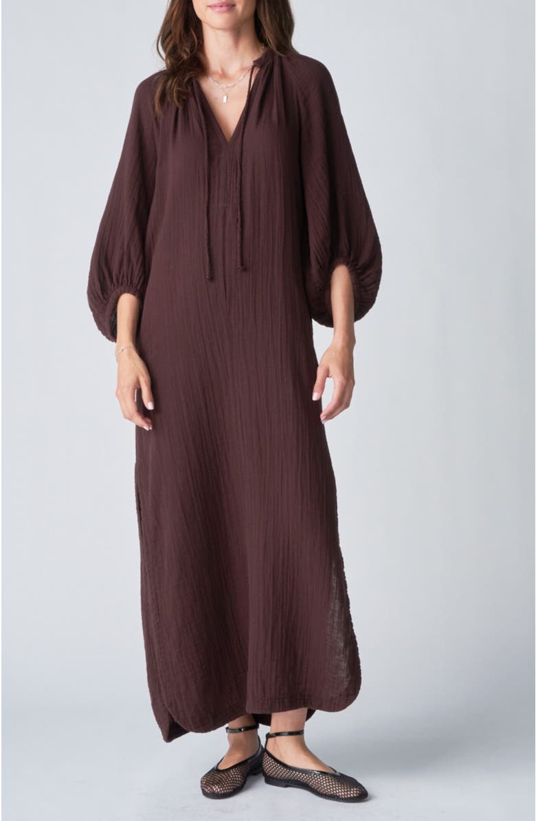 ocean+main Avery Long Tie Neck Dress Gauze Caftan, Main, color, Chocolate