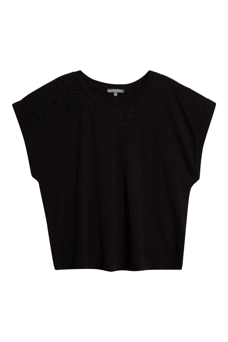 Embroidered Eyelet Cap Sleeve T-Shirt, Alternate, color, BLACK