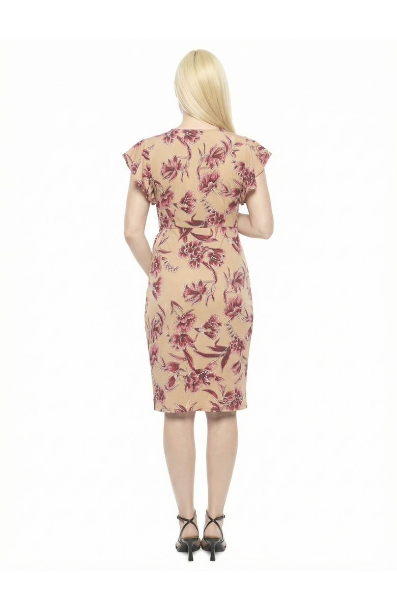 24seven Comfort Apparel Maternity Floral Faux Wrap Knee Length Dress, Alternate, color, Beige Multi