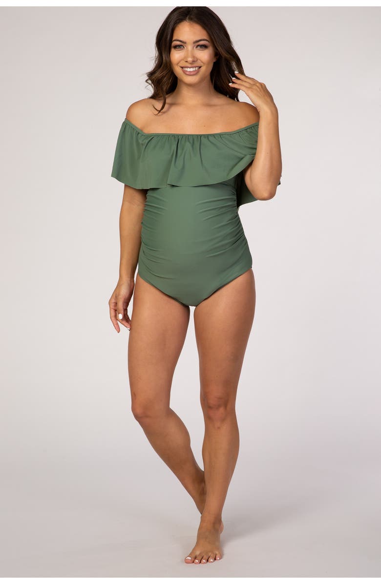 PinkBlush Floral Ruffle Trim Ruched One-Piece Maternity Swimsuit, Alternate, color, Olive Green