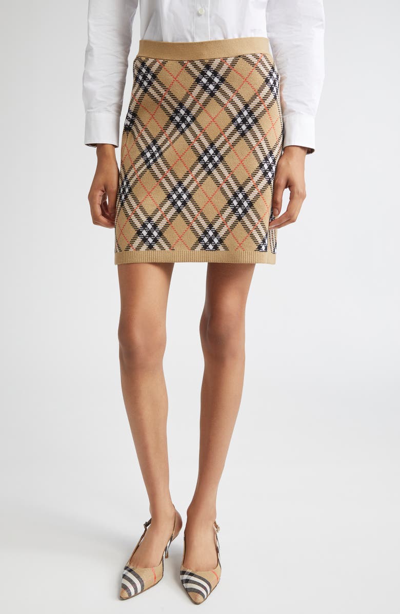 Burberry Check Wool Blend Sweater Skirt, Main, color, Sand Ip Check