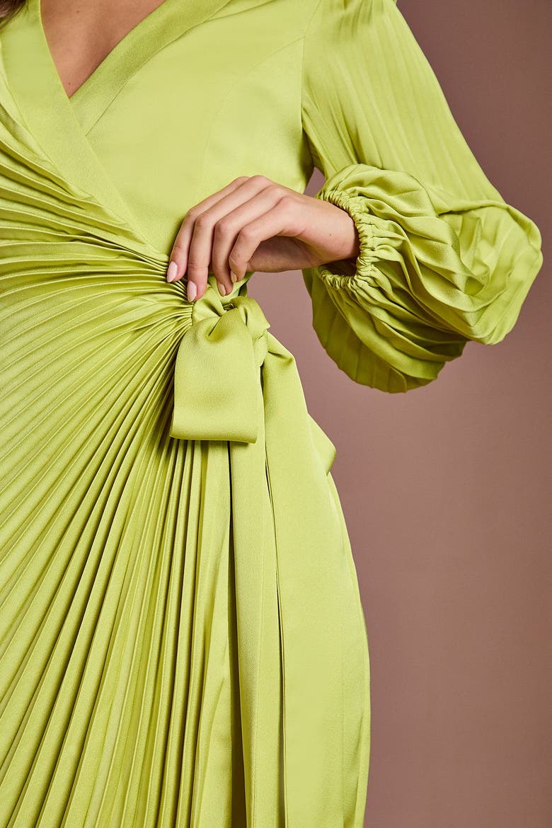 Satin Long Sleeve V-Neck Wrap Dress, Alternate, color, Lime