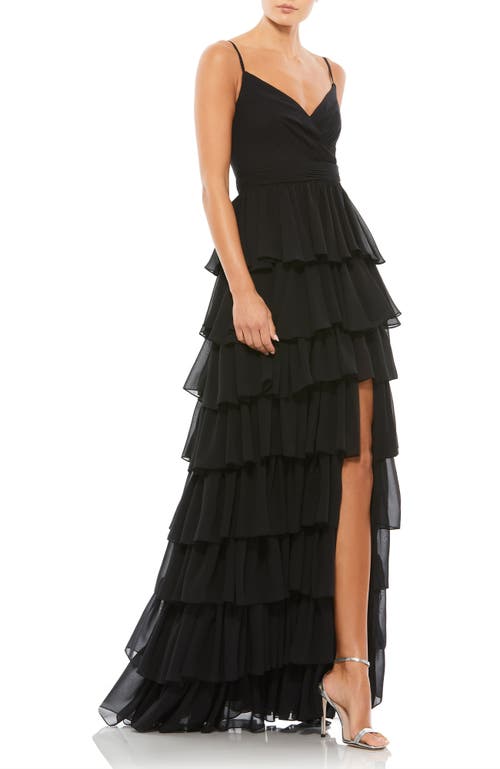 Mac Duggal Tiered Ruffle Empire Waist Chiffon Gown In Black
