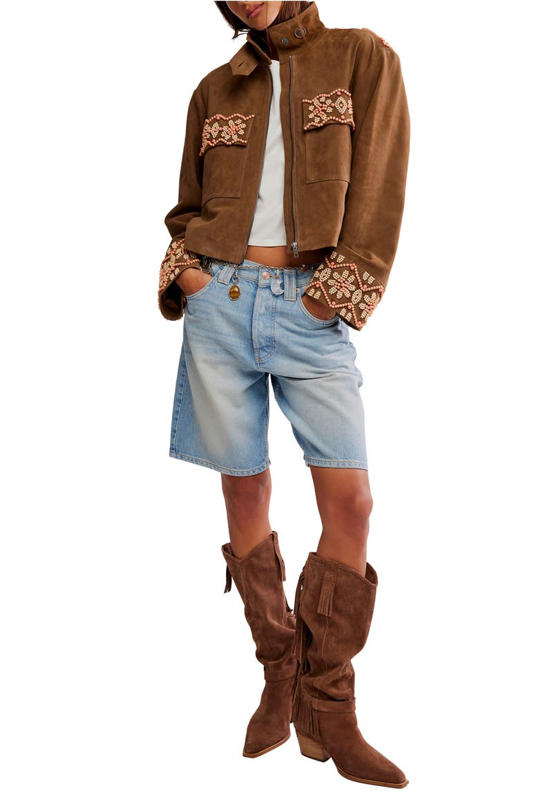 Bali Fading Moon Crop Suede Jacket, Alternate, color, OLIVE BROWN