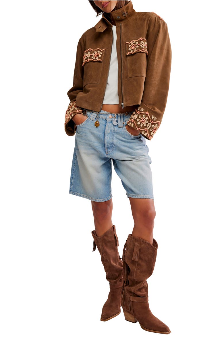 Free People Bali Fading Moon Crop Suede Jacket, Alternate, color, Olive Brown