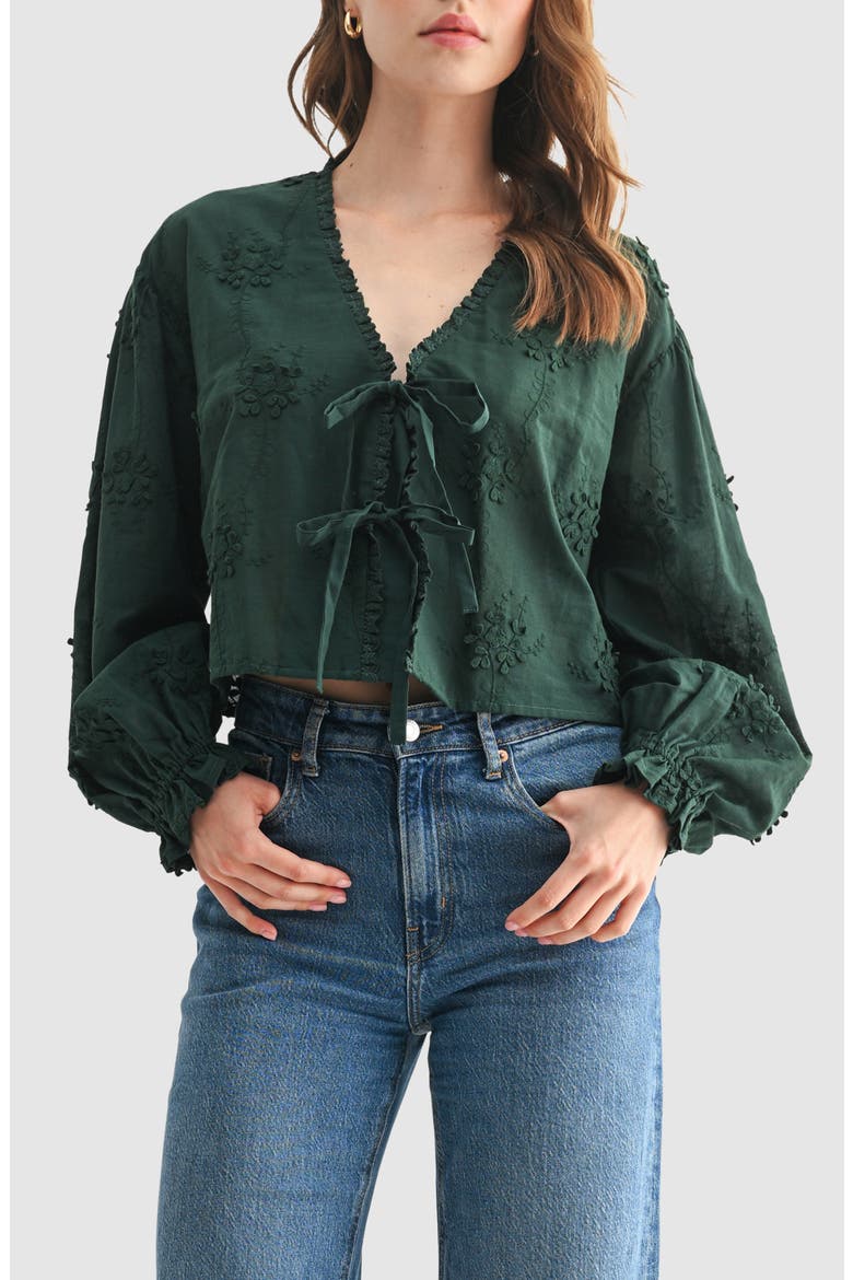 Flower Appliqué Tie Front Cotton Top, Main, color, HUNTER GREEN