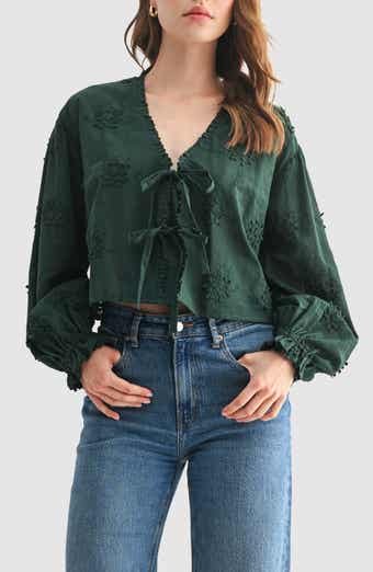 All in Favor Flower Appliqué Tie Front Cotton Top