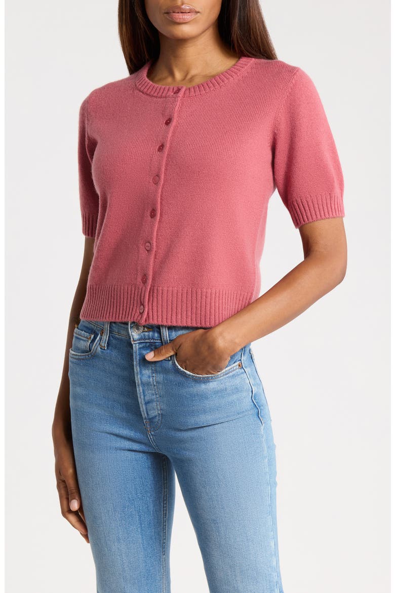 Cashmere Short-Sleeve Crewneck Cardigan, Main, color, MAUVE WOOD