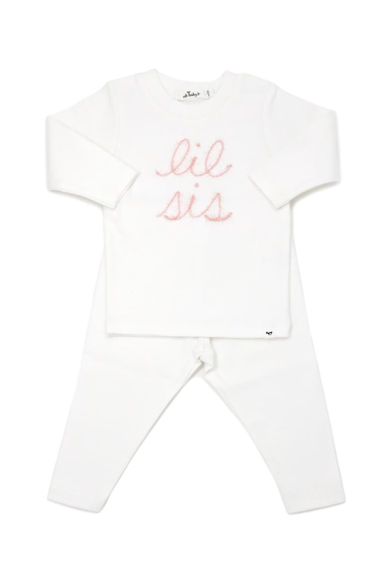 "lil sis" Pink Sparkle Embroidered Two Piece Set, Main, color, Cream