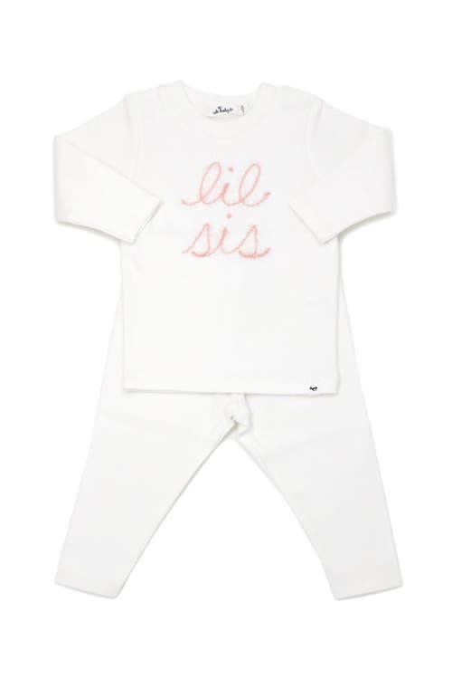 Oh Baby ! "lil Sis" Pink Sparkle Embroidered Two Piece Set In Cream