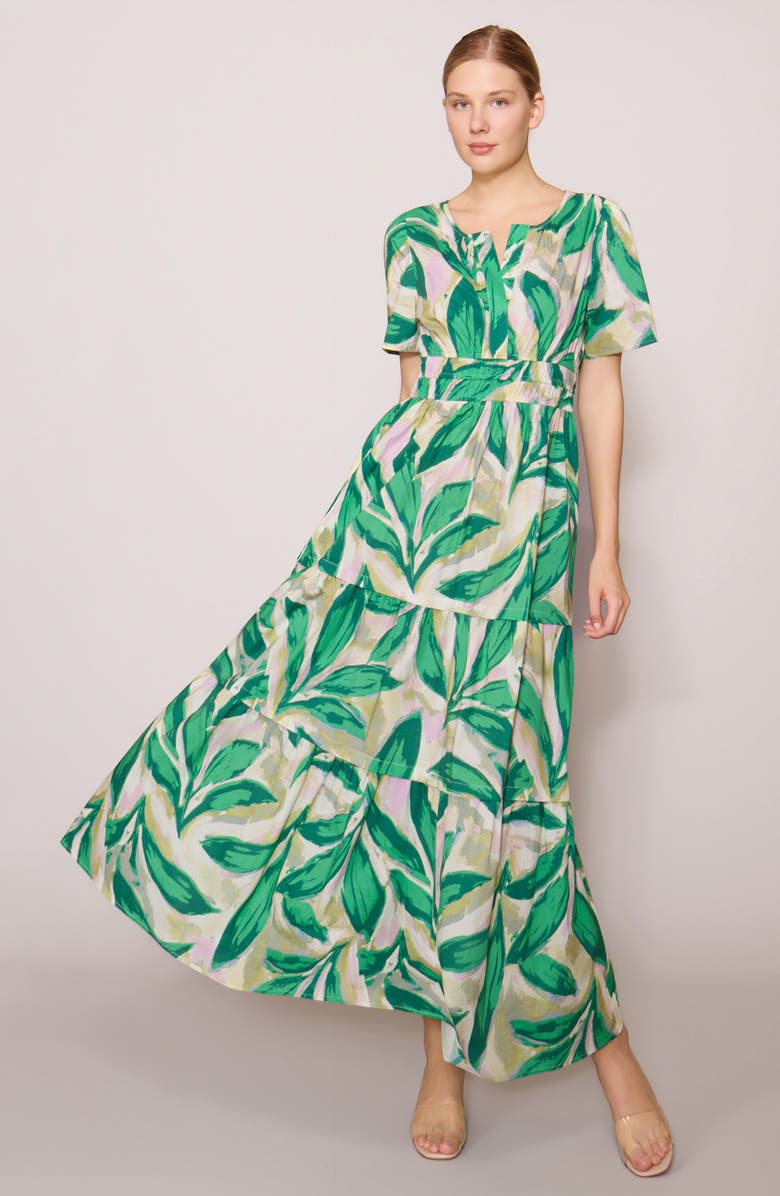 MELLODAY Short Sleeve Tiered Maxi Dress, Alternate, color, Multi Green Leaf