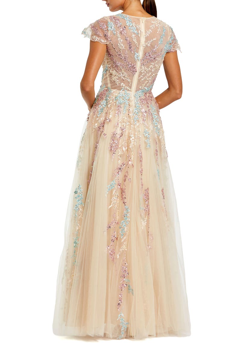 Embellished Net Wrap Flutter Sleeve Gown, Alternate, color, Nude Multi